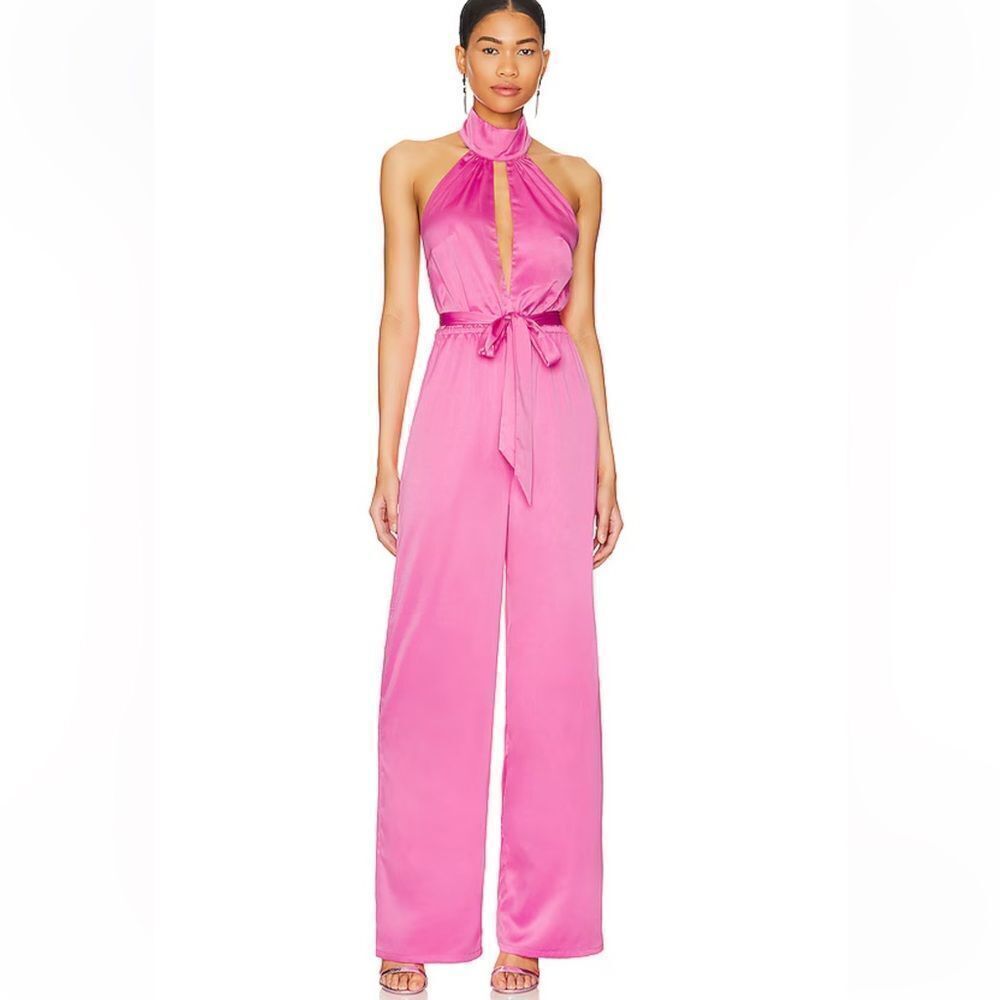 NWT More To Come Janece Keyhole Jumpsuit in Pink halter wide leg toe Revolve XL